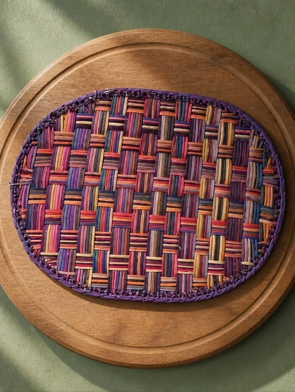 Rare Vintage Boho Rattan Multicolor Woven Oval Placemats One Size 5pcs
